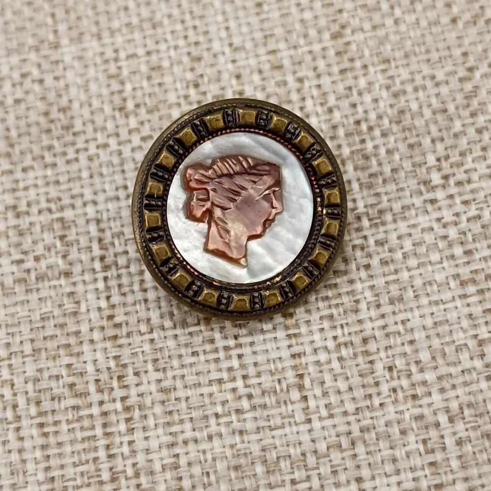 Antique Victorian Steel Brass Rim & MOP Cameo Button Hand Carved Shank ~18mm